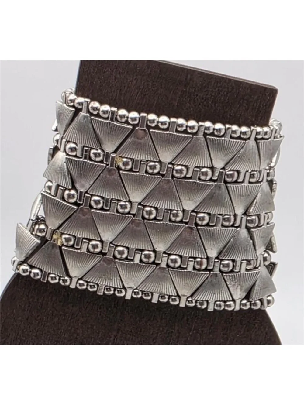 Silver Tone Geometric Fan Wide Stretch Cuff Statement Bracelet 6.5